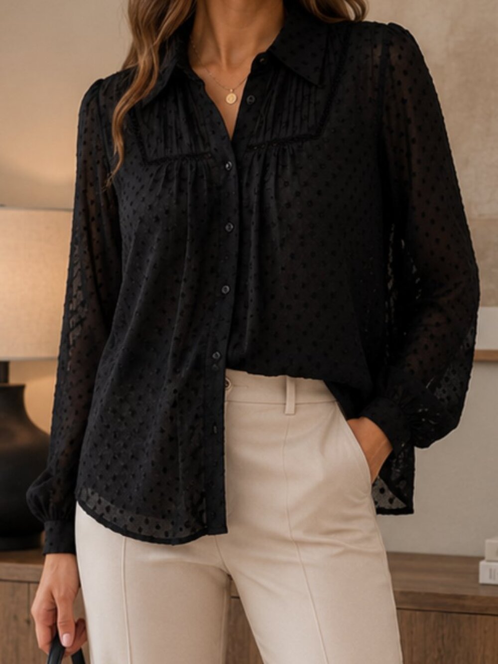 Zara Women's Black Swiss Dot Sheer Button-Up Blouse – Size M